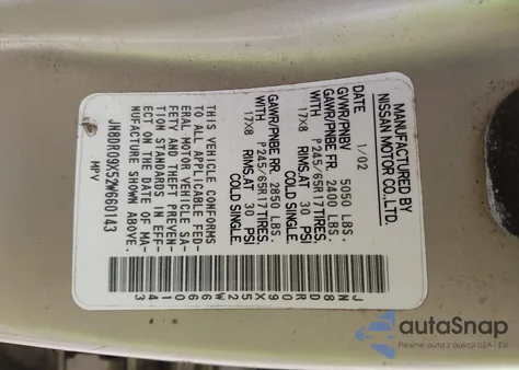 2002 Nissan Pathfinder Le from USA, damaged, VIN JN8DR09X52W660143